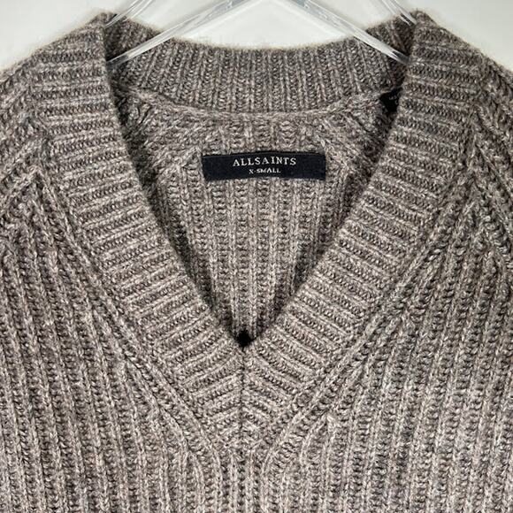 AllSaints Women's Riva V-Neck Wool Alpaca Blend Sweater XS Hi-Low Mocha Brown - Picture 5 of 8